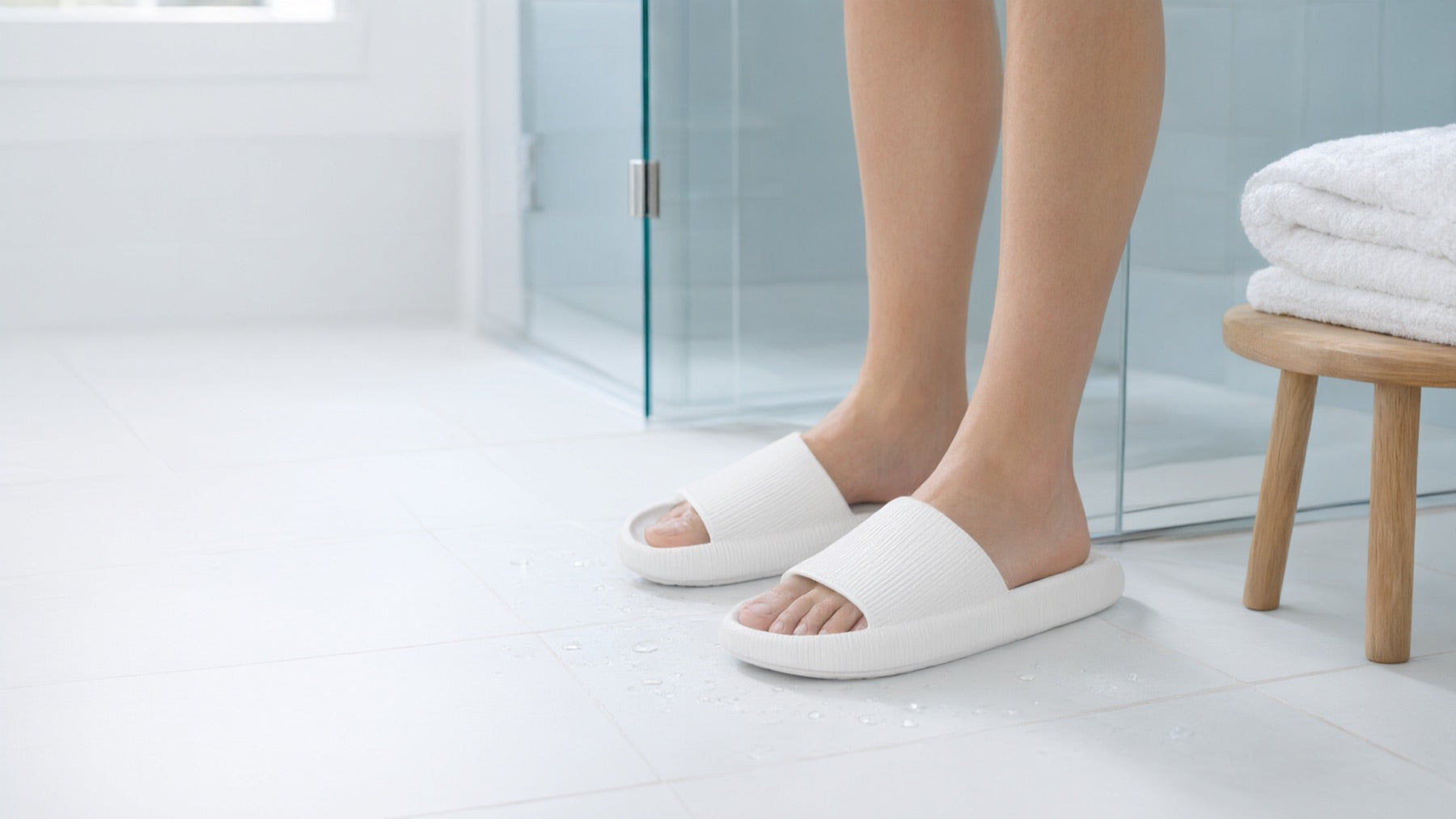 White Puffy Slides stepping out of the shower onto wet tile